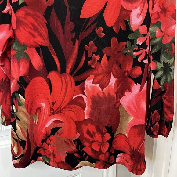 Susan Lawrence Red Tan Floral Stretchy Slinky Long Sleeve Top Womens Size 2X - Picture 9 of 10
